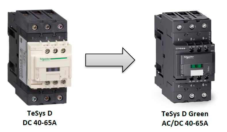 Замена контакторов TeSys D 40-50-65 А с катушками DC на контакторы TeSys Green с катушками AC/DC